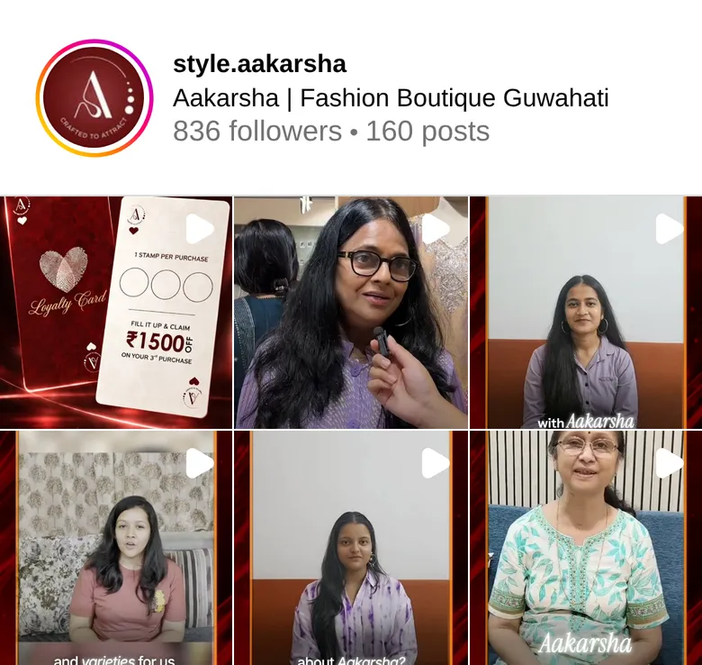 Instagram grid of Aakarsha showing a loyalty card offer and customer testimonial reels filmed in the Guwahati fashion boutique