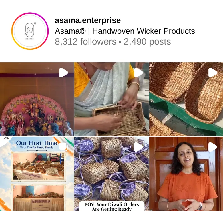 Instagram grid of Asama showing artisans weaving wicker baskets, finished baskets laid out in the sun, a Durga Puja reel and an Air Force family exhibition post