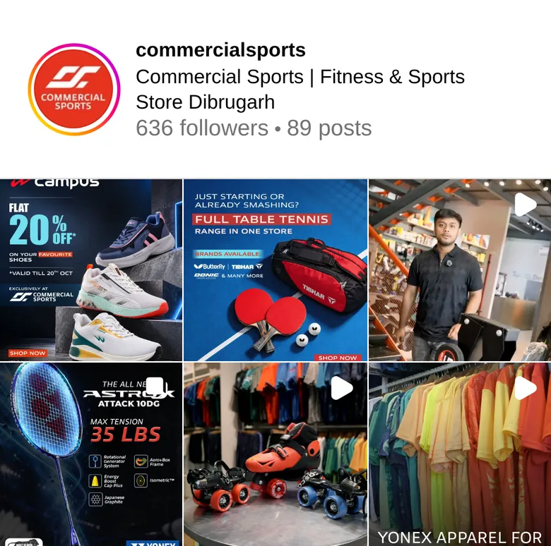 Instagram grid of Commercial Sports showing a Campus shoe offer, table tennis gear, a Yonex badminton racquet, roller skates and an in-store reel