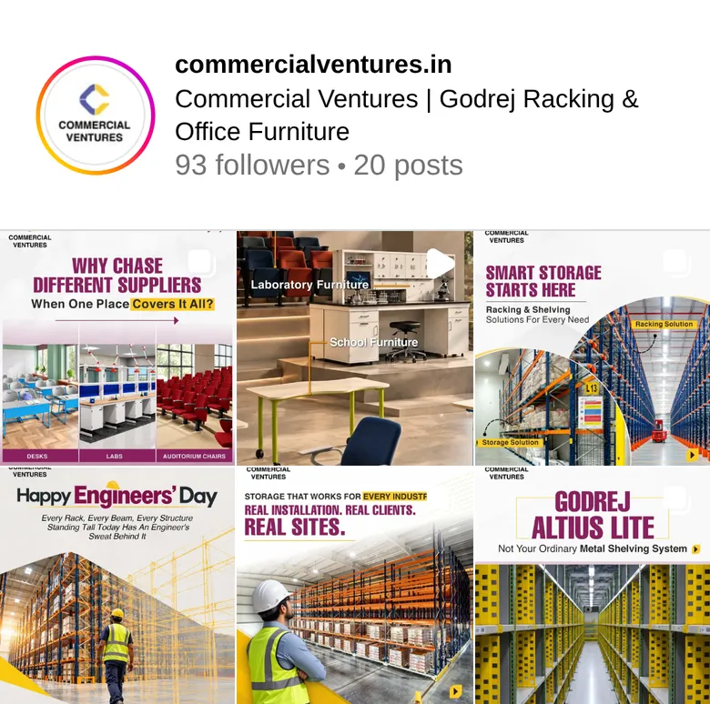 Instagram grid of Commercial Ventures showing Godrej racking and shelving posts, laboratory and school furniture and an Engineers Day warehouse post