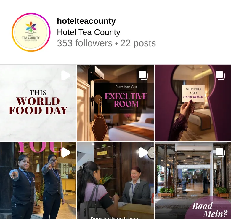Instagram grid of Hotel Tea County showing a World Food Day post, executive and club room promotions, hotel staff and the front desk