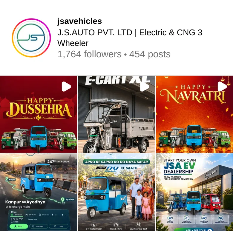 Instagram grid of J.S.AUTO PVT. LTD showing Dussehra and Navratri posts with electric three-wheelers, the E-Cart XL cargo model and a JSA EV dealership offer