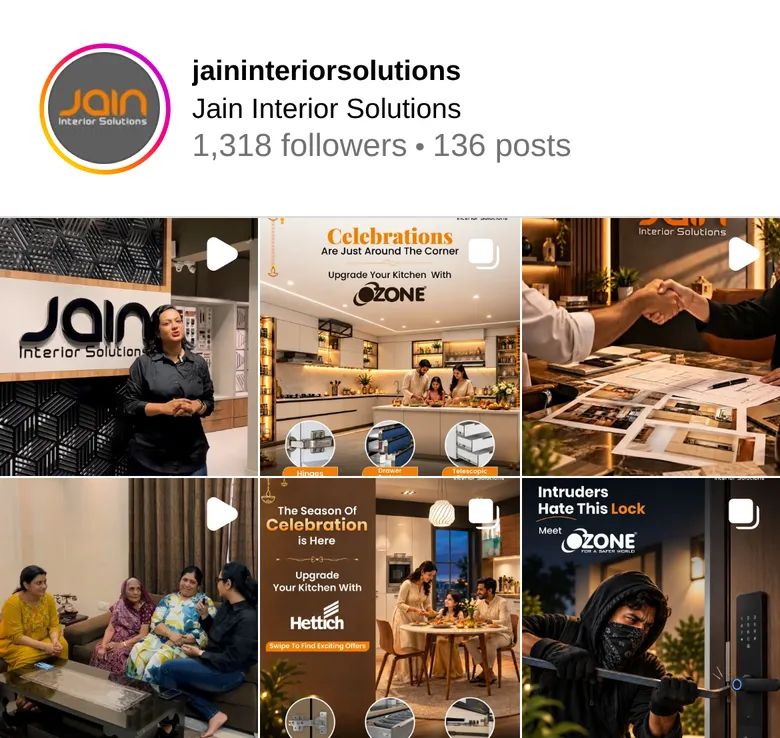 Instagram grid of Jain Interior Solutions showing a showroom reel, Ozone and Hettich kitchen fitting offers, a client handshake over design plans and a smart door lock post