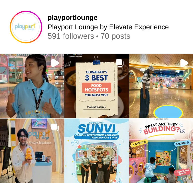 Instagram grid of Playport Lounge by Elevate Experience showing staff and visitors in the play zone, a Guwahati food hotspots post and a kids building wall