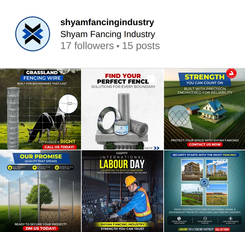 Instagram grid of Shyam Fancing Industry showing grassland fencing wire, chain link fencing posts and a Labour Day post