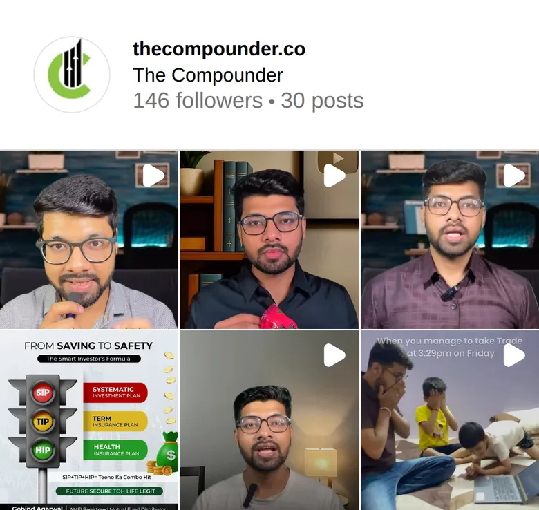 Instagram grid of The Compounder showing finance explainer reels presented to camera and a SIP, term and health insurance infographic