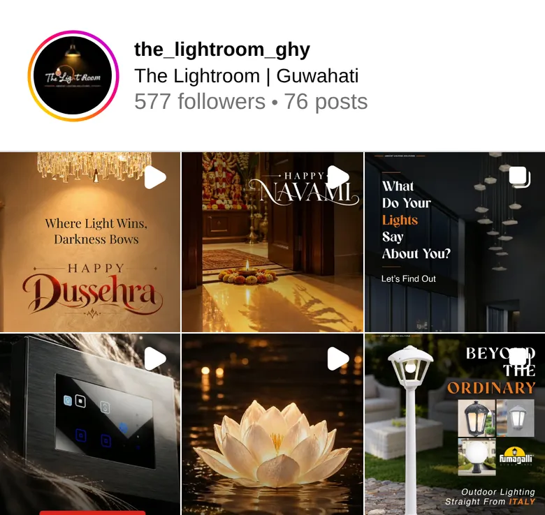 Instagram grid of The Lightroom showing Dussehra and Navami lighting posts, a smart switch panel, a glowing lotus lamp and Fumagalli outdoor lights