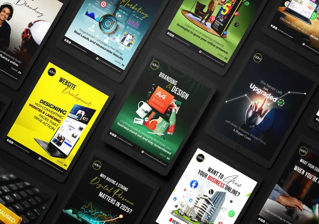 Instagram posts designed by ADM for its own feed: website development, branding and design, and marketing
