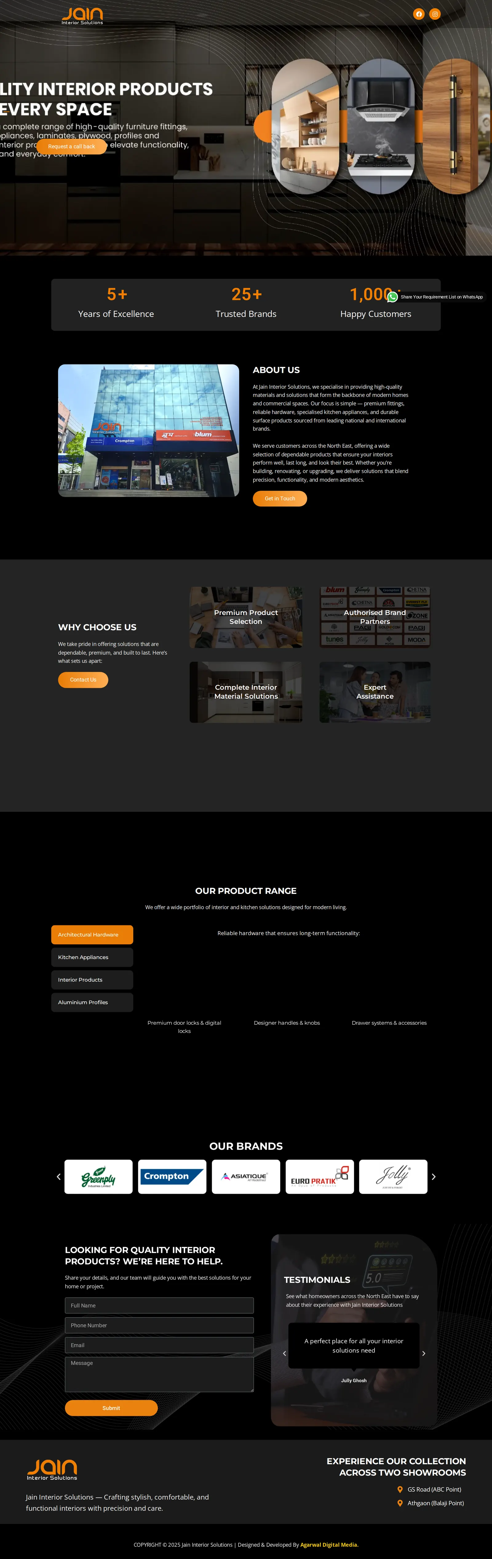 The full Jain Interior Solutions home page, scrolled from top to bottom