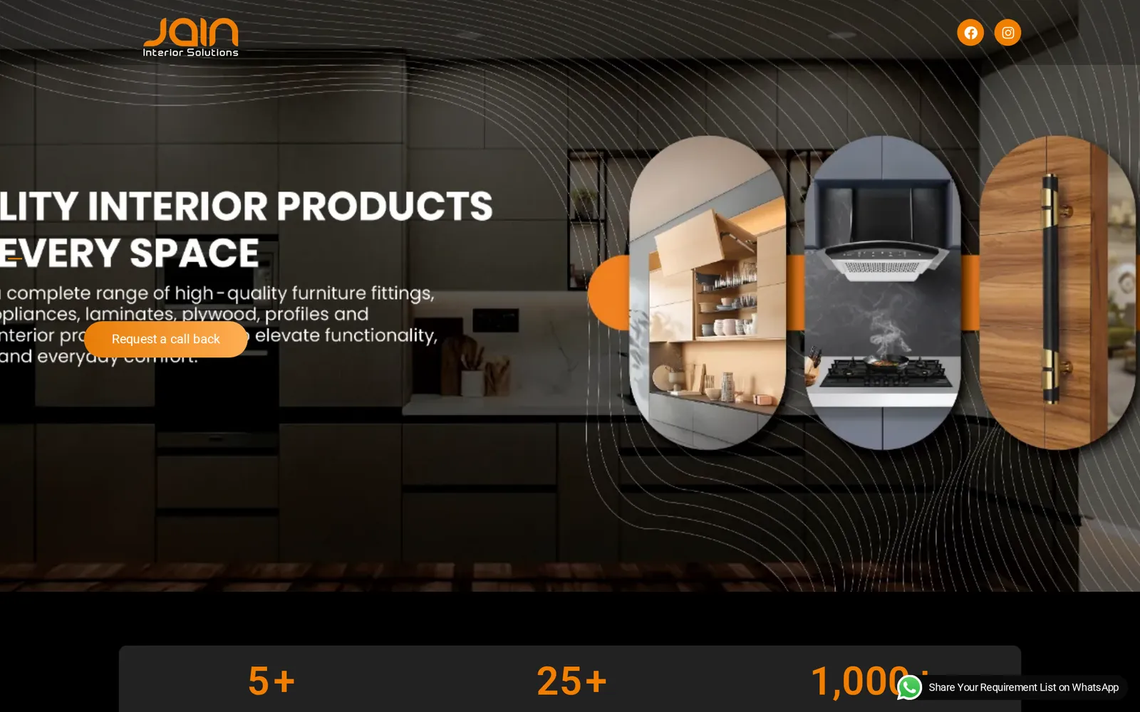 Home page of the Jain Interior Solutions website on a desktop screen, designed and built by Agarwal Digital Media