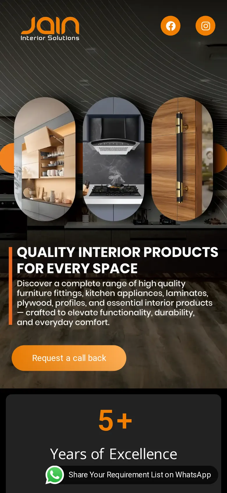The Jain Interior Solutions website on a phone