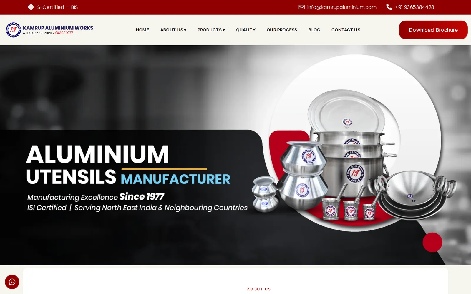 Home page of the Kamrup Aluminium Works website on a desktop screen, designed and built by Agarwal Digital Media